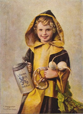 Featured is an artist-signed postcard image of the Lowen Brau Girl ... the image was created in the 1930s ... I believe the postcard is later ... hard to read the postmark.  The original card - a great piece of breweriana - is for sale in The unltd.com Store. 